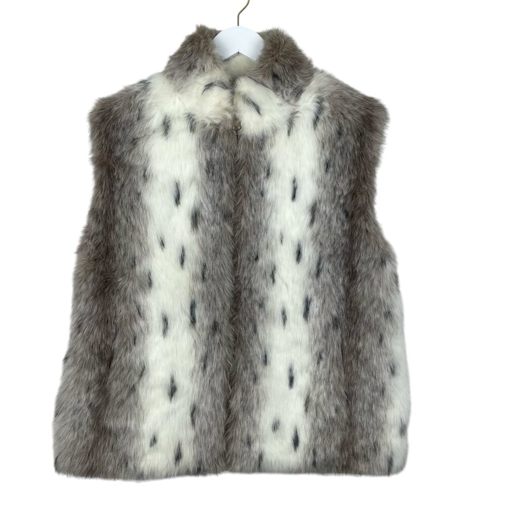 Olympia Vest Womens Medium Faux Fur Sleeveless Reversible Open Front Gray White